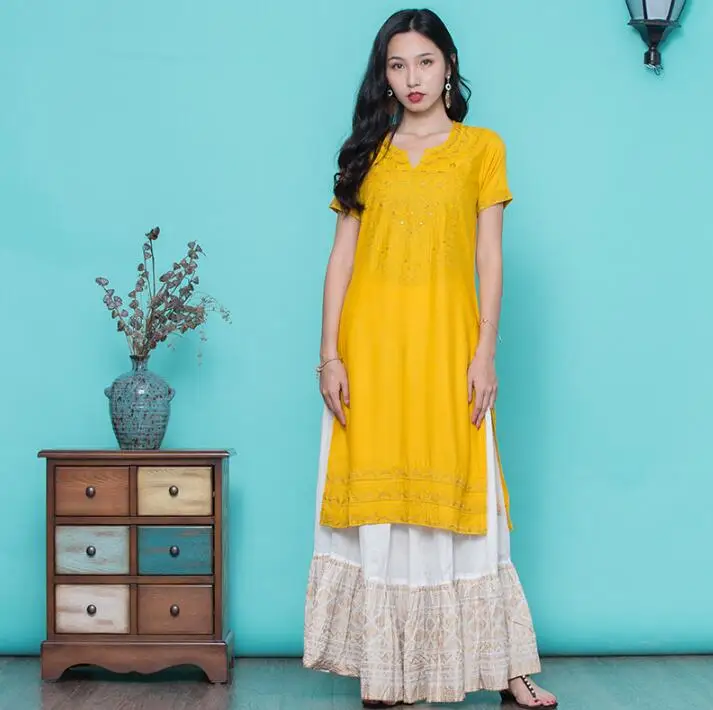 Женские модные комплекты в этническом стиле хлопок вышивка индийский куртас с коротким рукавом длинный желтый тонкий Топ Юбка
