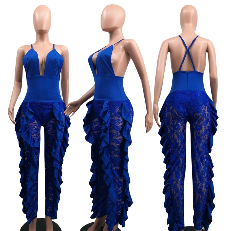 Сексуальный кружевной комбинезон с рюшами для женщин, Облегающий комбинезон, Клубные штаны на бретельках, кружевной с открытой спиной, элегантные вечерние комбинезоны - Цвет: Синий
