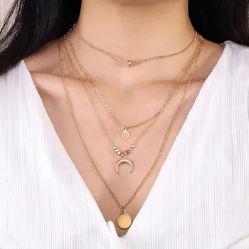 

Multi Layers Stainless Steel Star Tassel Choker For Woman Jewelry 3 Layer Chains Horn Round Disc Moon Pendant Necklace