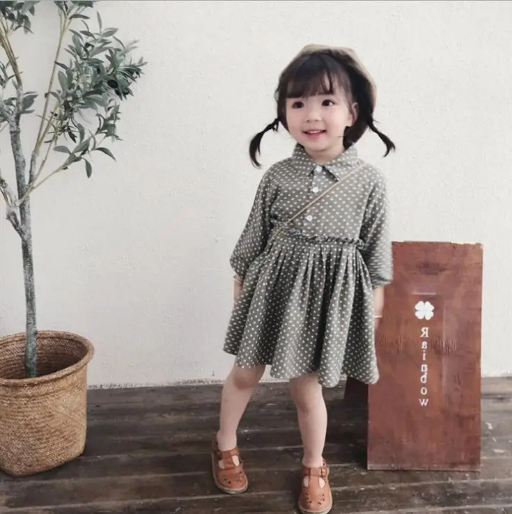 Платье в горошек для девочек осенние модные хлопковые платья для девочек 2-7 лет, HX288