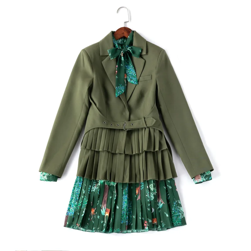 Армейский зеленый New Runway Women's Blazers With Chiffon Dress Printed Aline Bow Dresses Female Office Wear Jackets Sashes 2 Pieces Suits Outfits - Цвет: Армейский зеленый