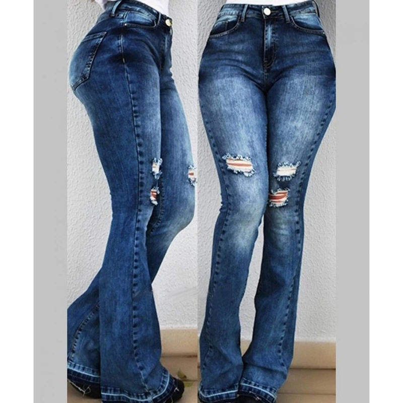 

2020 Women's Jeans Casual Slim Stretchy Denim Waist Jeans Oversized Long Flare Pants Light Blue Trousers for Women