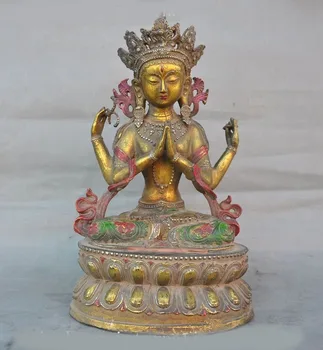 

wedding decoration mark Old Tibetan bronze gilt Painted 4 arms Tara Kwan-Yin GuanYin Buddha statue