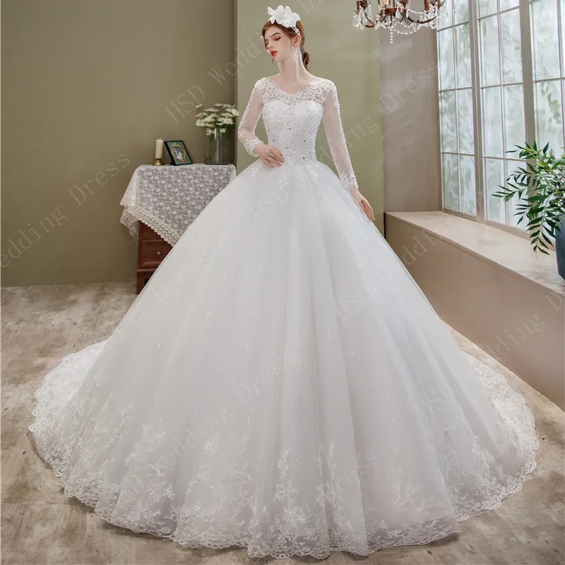 Lace Embroidery 2021 Spring Africa Style  Wedding Dress Long Train Sweet Elegant Plus Size Vestido De Noiva Bride V Neck 7 long sleeve bridal gowns