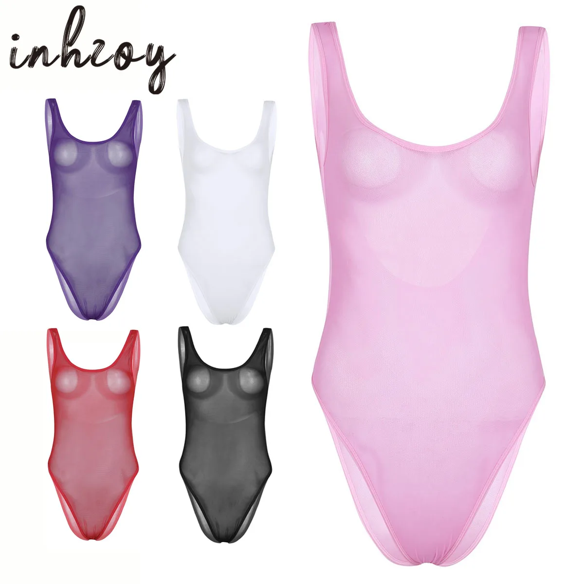 Women Sheer Mesh Bodysuit See Through Sleeveless High Cut Leotard