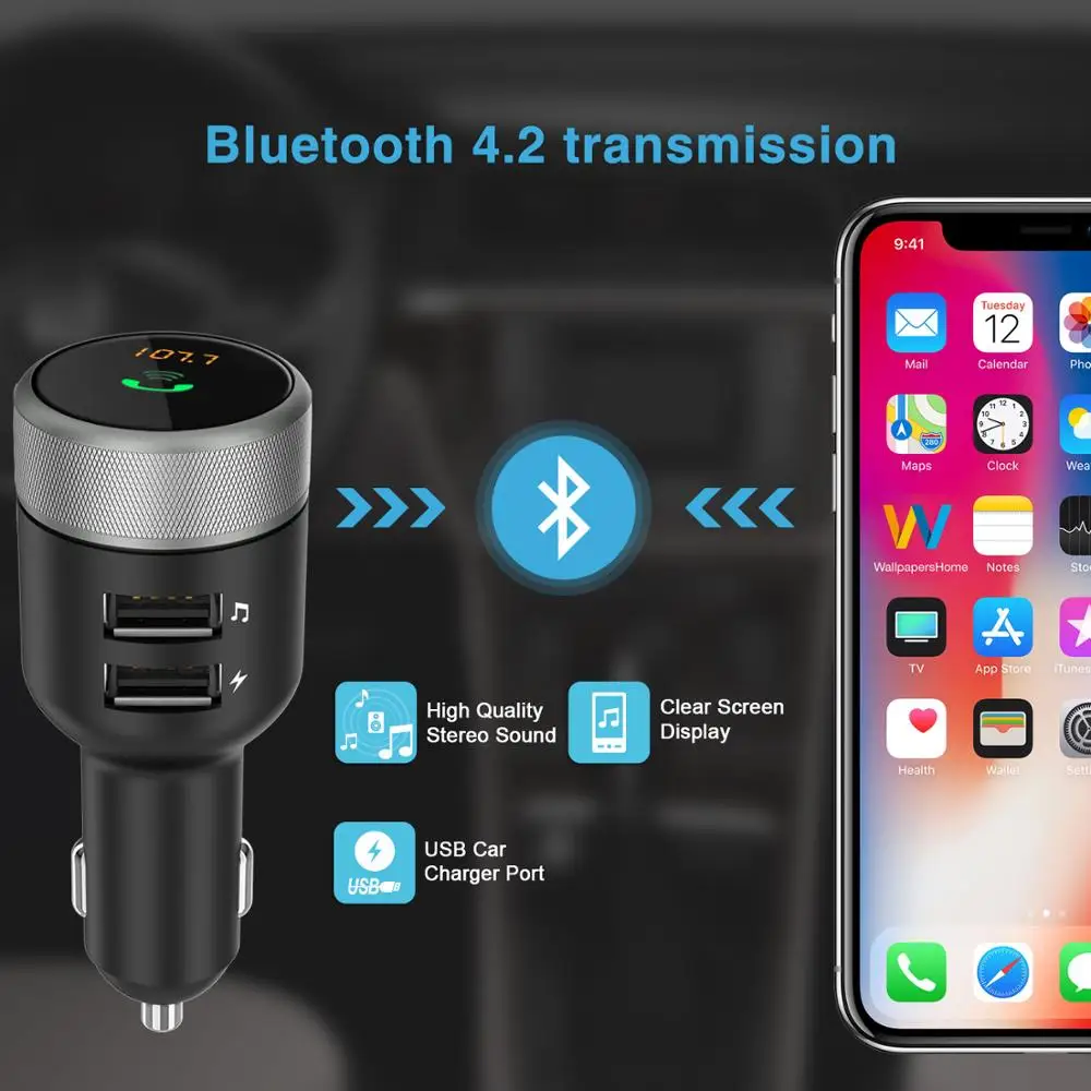 Автомобильное зарядное устройство TeckNet 5 в 2 4 А с двумя usb портами Bluetooth fm
