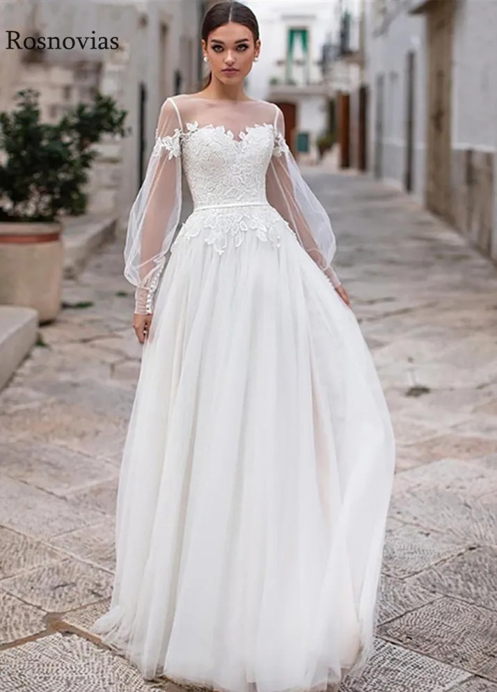 Illusion Long Sleeves Wedding Dresses Long 2020 Sheer Neck Cover Button Back Lace Appliques Bridal Gowns Vestido De Novia