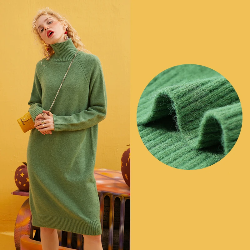 ELFSACK, разноцветное, одноцветное, минималистичный стиль, вязаное платье для женщин,, зимнее, корейское, ТРАПЕЦИЕВИДНОЕ, чистое, с длинным рукавом, свободное, женское, Повседневное платье - Цвет: Зеленый
