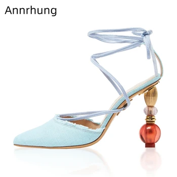 

Sexy Cross Tied Gladiator Sandals Beading Heel Party Shoes Woman Unique Hemp Pointed Toe Sandalias Fashion Summer Sandalias