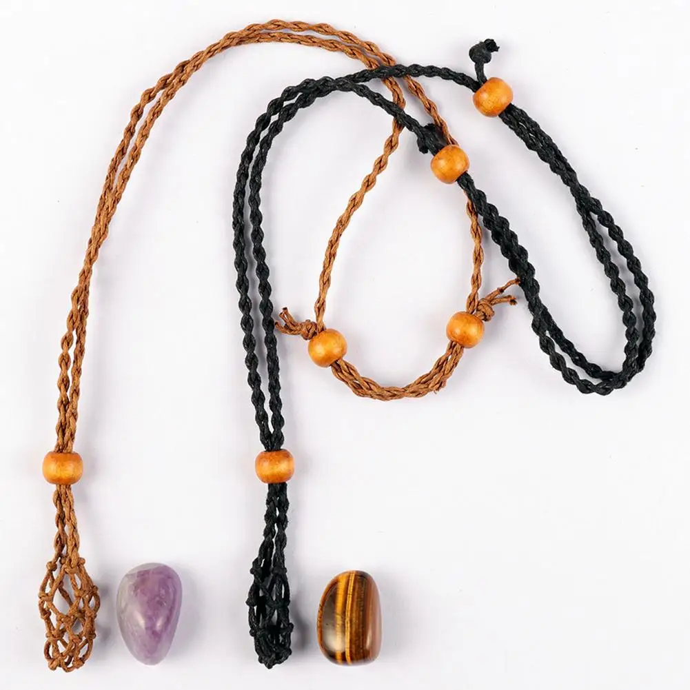 Adjustable Wax Rope Hemp Macrame Necklace Rough Net Bag Pendant DIY Home Decor Energy Stone Crystal Stone Hanging Accessories 2