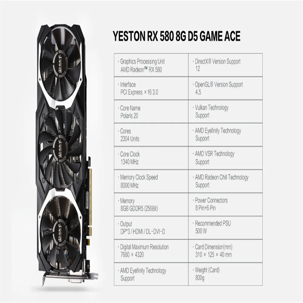 Yeston Radeon RX580 8 Гб Gpu 256Bit GDDR5 Pci-E 3,0 видеоигровая видеокарта внешняя видеокарта для рабочего стола