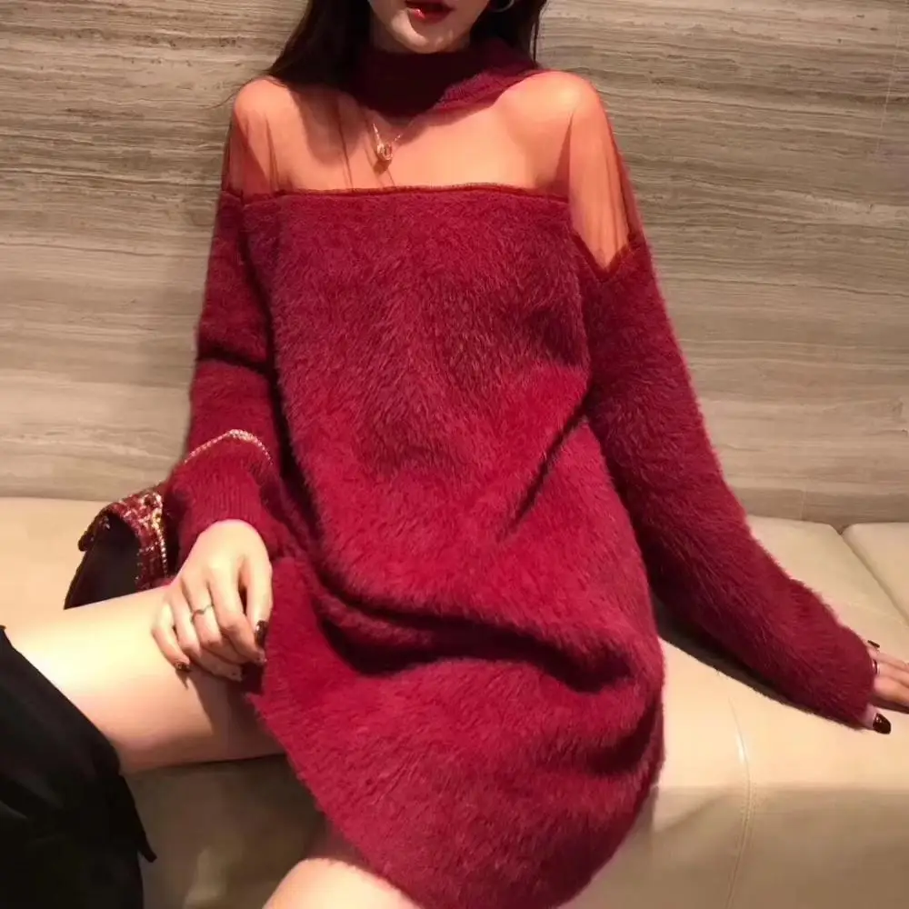 red dress MUMUZI, сексуальное платье из меха норки и сетки, Женское зимнее платье с длинным рукавом, Дамское осеннее Повседневное платье, вечерние платья, теплые платья - Цвет: red dress
