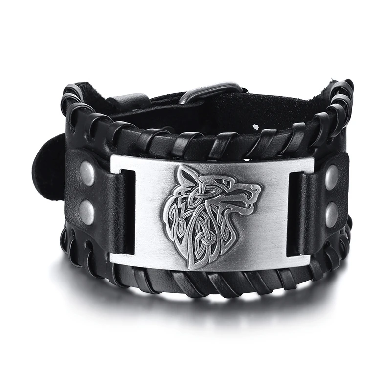 Silver Black Braided Wristband Mens Leather Viking Fenrir Wolf Head Bracelet 