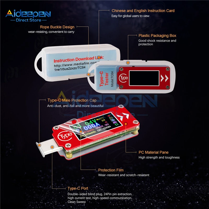 TC64 тип-c ЖК-цветной экран USB Вольтметр Амперметр мульти-тестер функций инструмент обнаружения напряжения измеритель тока контроллер зарядки