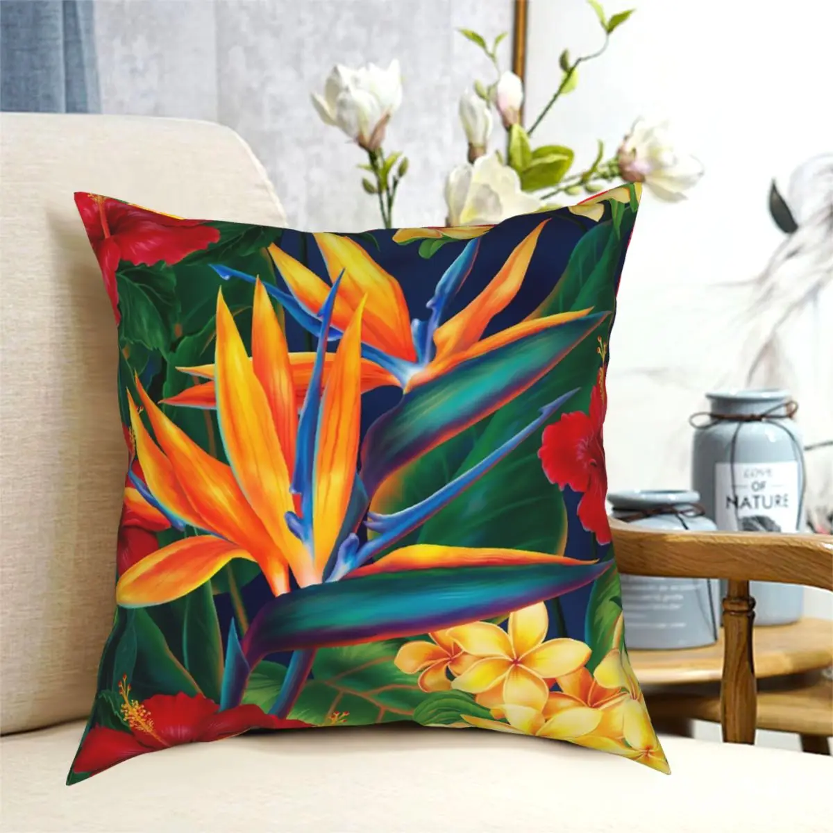 

Tropical Paradise Hawaiian Birds Of Paradise Illustration Square Pillowcase Polyester Printed Decorative Home Cushion Case