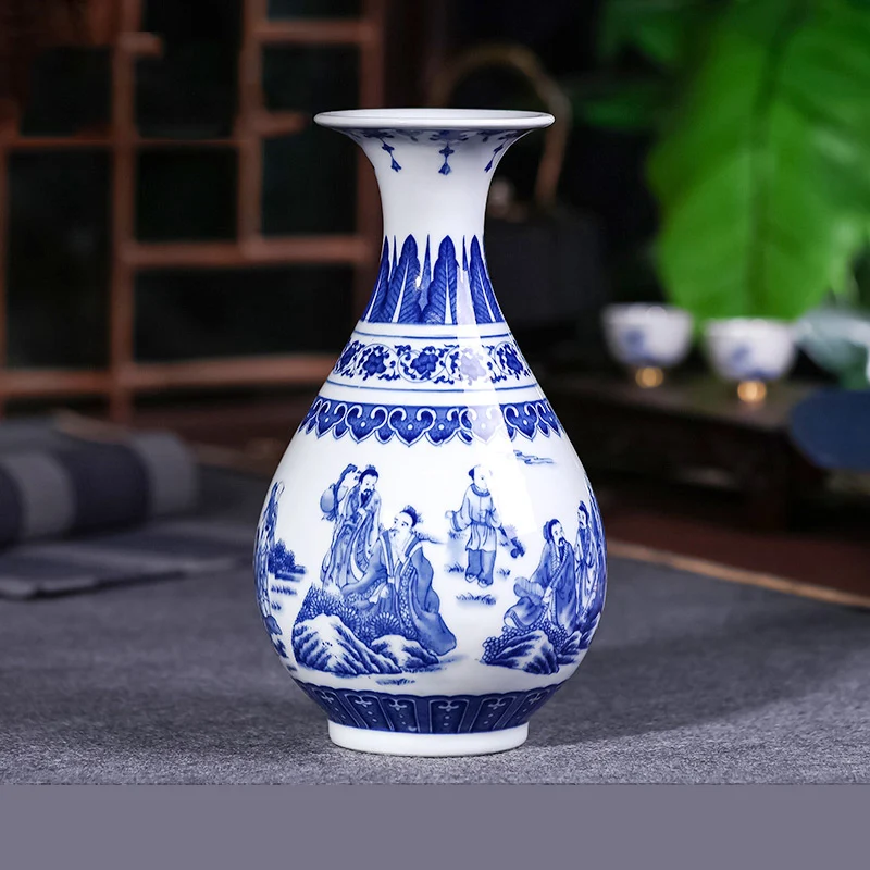 Украшения для дома в китайском стиле ваза сине-белая гостиная центральный фарфоровые подарки азиатские вазы с подставкой цветок Дракон пейзаж печать - Цвет: 14