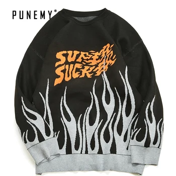 

Sweater Men Harajuku Flame Retro Spandex Pull Over O-neck 2020 Spring New Oversize Casual Hip Hop Streetwear Women Sweaters