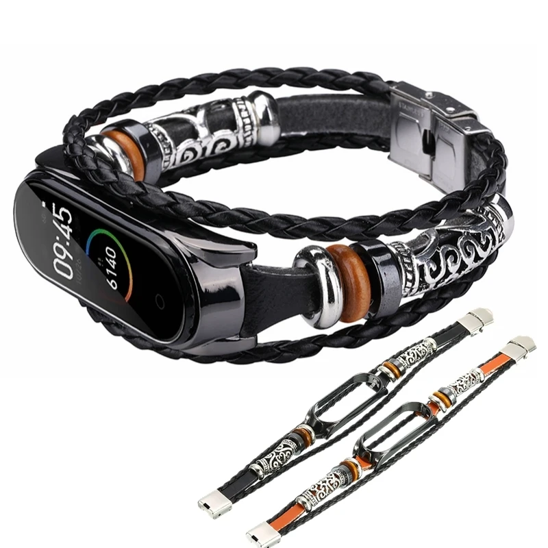 

Vintage Leather Beading Bracelet Strap Weave Braided Watch Band Replacement Smart Accessories For Xiaomi Mi Band 4 3 Wristband