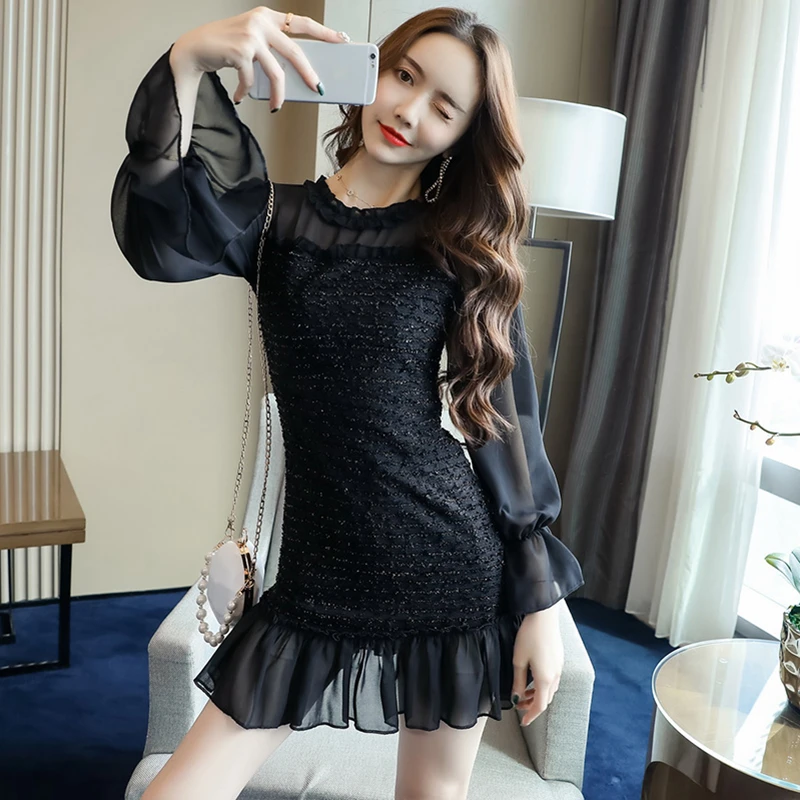 Office Lady Black Elegant Mini Dress Korean Style Patchwork Long Sleeve ...