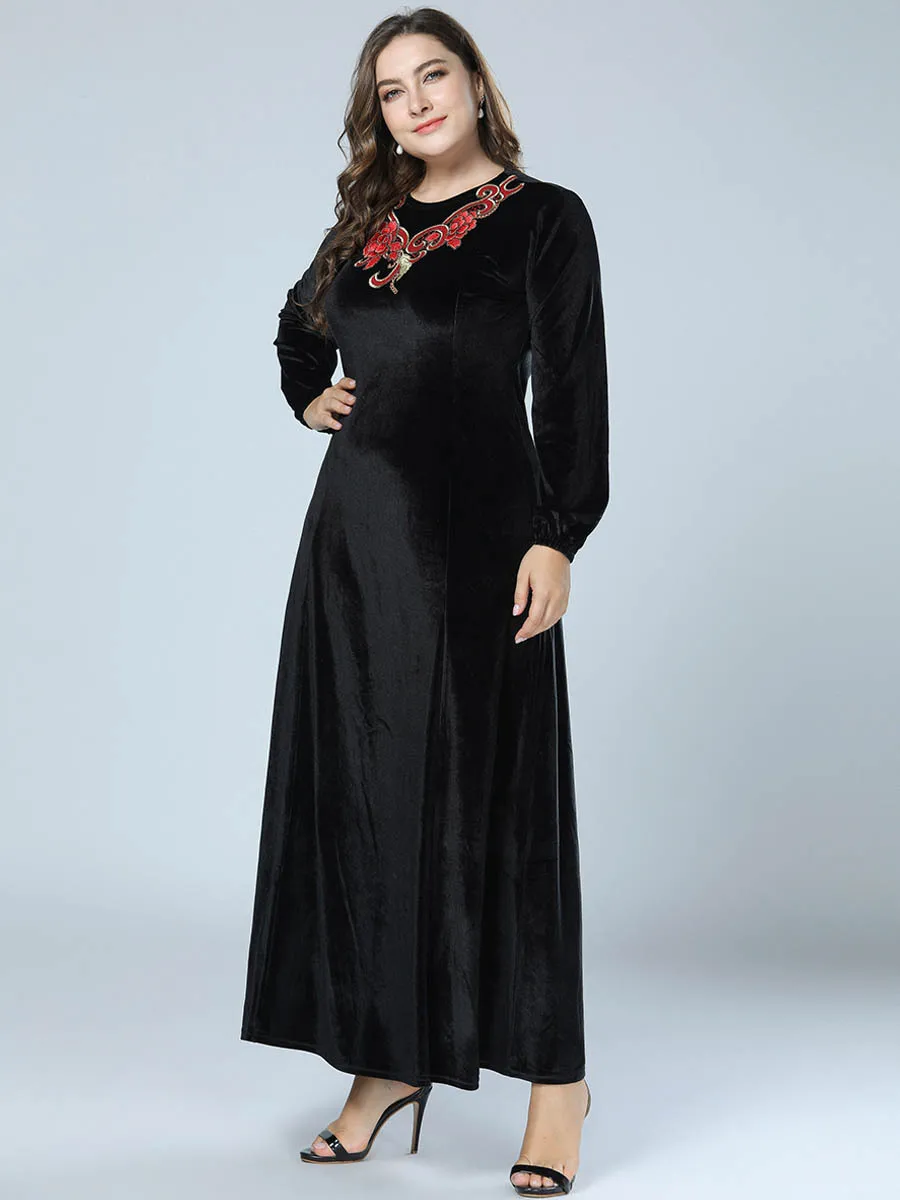 Черное Абая мослим Дубай длинное бархатное платье с вышивкой с длинным рукавом мусульманское платье кафтан мусульманская одежда размера плюс 4XL Халат