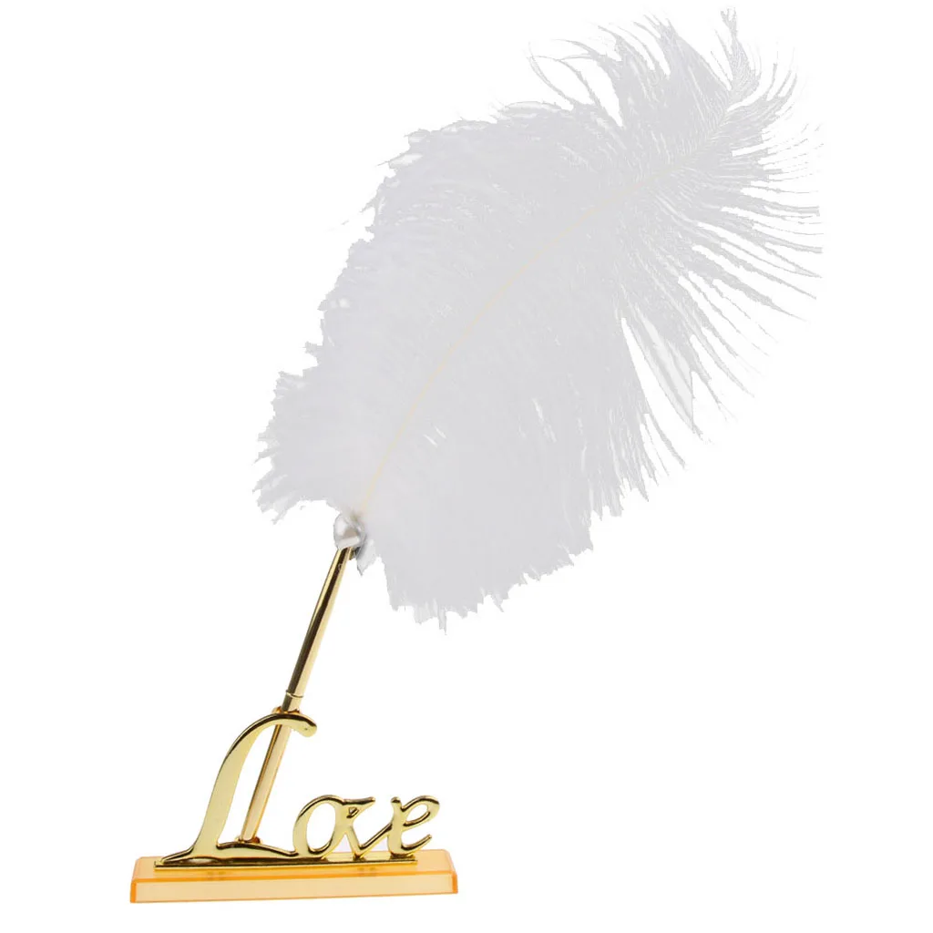 Feathers Sign Pen - Wedding Guestbook Reception Pen Set and Gold Holder with 