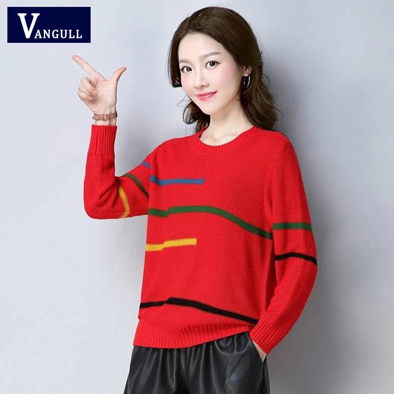 

Vangull Knitted Women Sweater O-Neck Long Sleeve Elegant Striped Pullovers Spring Autumn Casual Lady Pullover Bottoming Sweaters
