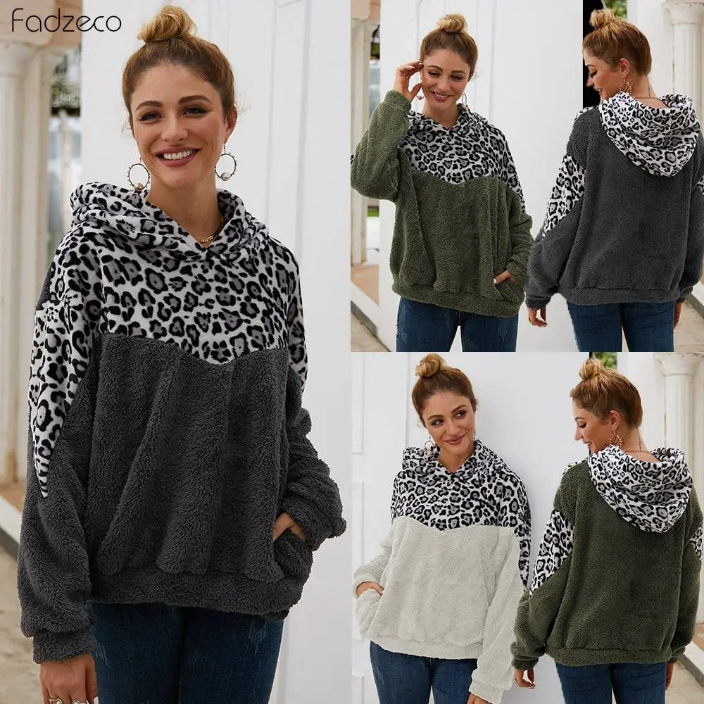 

Fadzeco Women Fleece Sweatshirt Winter Casual Faux Fur Leopard Patchwork Fluffly Female Hoodies Sweatshirt Warm Zipper Thick Top