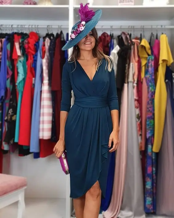 

2021 Mother of The Bride Dresses for Wedding Party with 3/4 Sleeves V-Neck Simple Knee Length Sashes Hunter Women Mom farsali