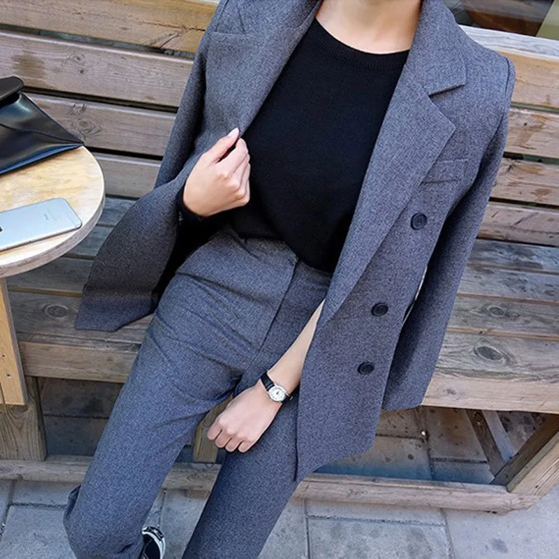 Модные осенние тонкие брюки из двух частей серый двойной нагрудный пуговица длинные брюки куртка Офисная Леди с длинными рукавами женский костюм