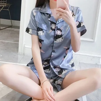 

2020 Summer Women Short Sleeved V-neck Pajamas Set Sexy Silk Satin Pyjamas Girl Pijama Woman Sleepwear Top Homewear Set Autumn