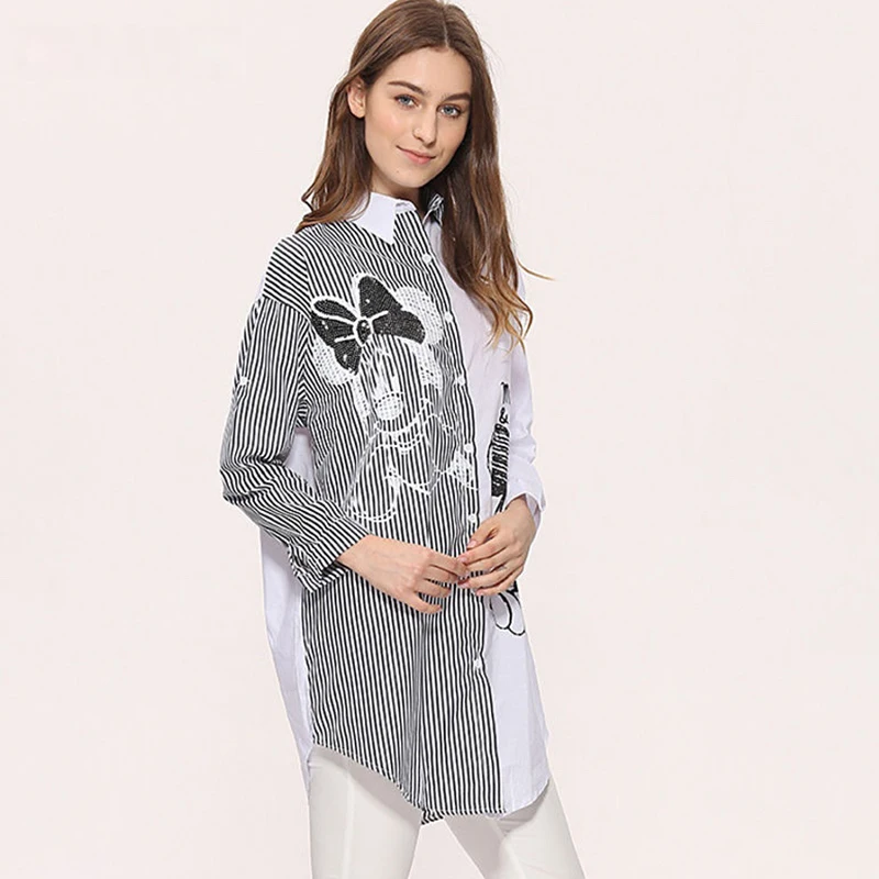 Mickey Mouse Blouses Women Shirt Chemise Femme Cartoon Long Sleeve Blusas Casual Loose Fashion Striped Stitching Shirts Female
