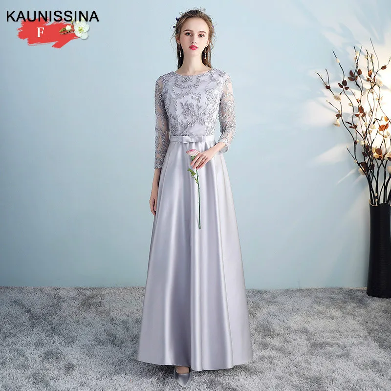 KAUNISSINA, длинные платья для подружек невесты, платья для выпускного, трапециевидные атласные аппликации, свадебные халаты, женское свадебное платье для гостей, Vestido - Цвет: Gray F