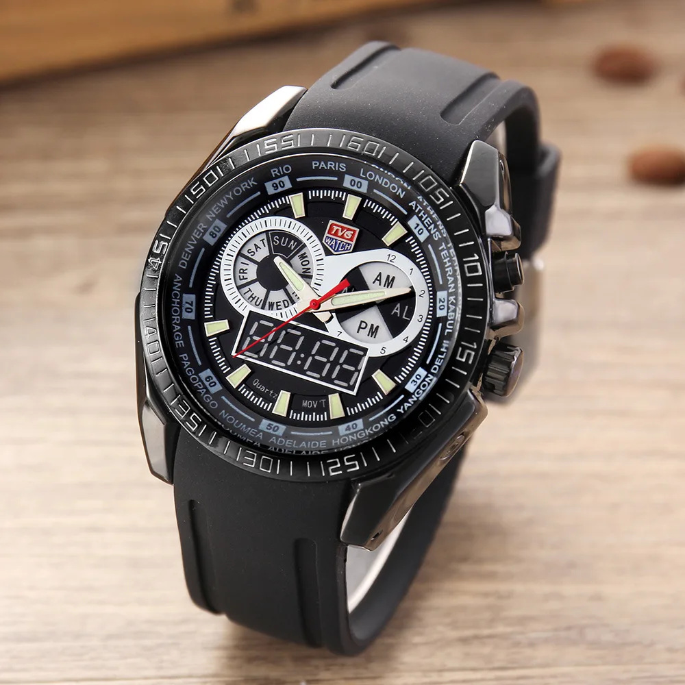

LED Cool Multi-functional Sports Watch Rubber Band Waterproof MEN'S Watch Date Week Alarm Clock Night Light
