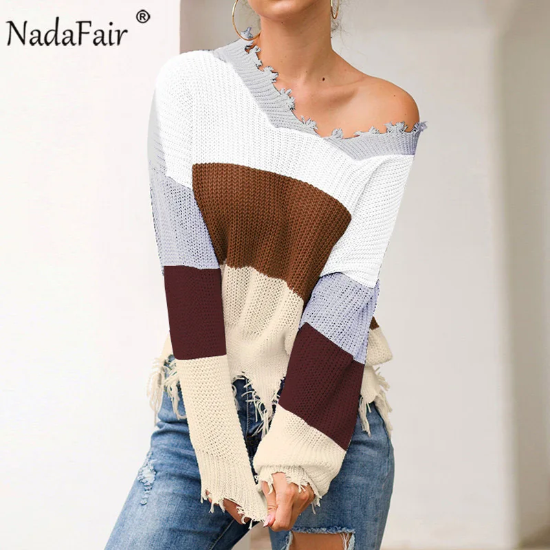 Nadafair, сексуальный, с открытыми плечами, Радужный свитер, женский, пэчворк, кисточка, Осень-зима, вязаный джемпер, свободный, негабаритный, свитер, пуловер - Цвет: Серый