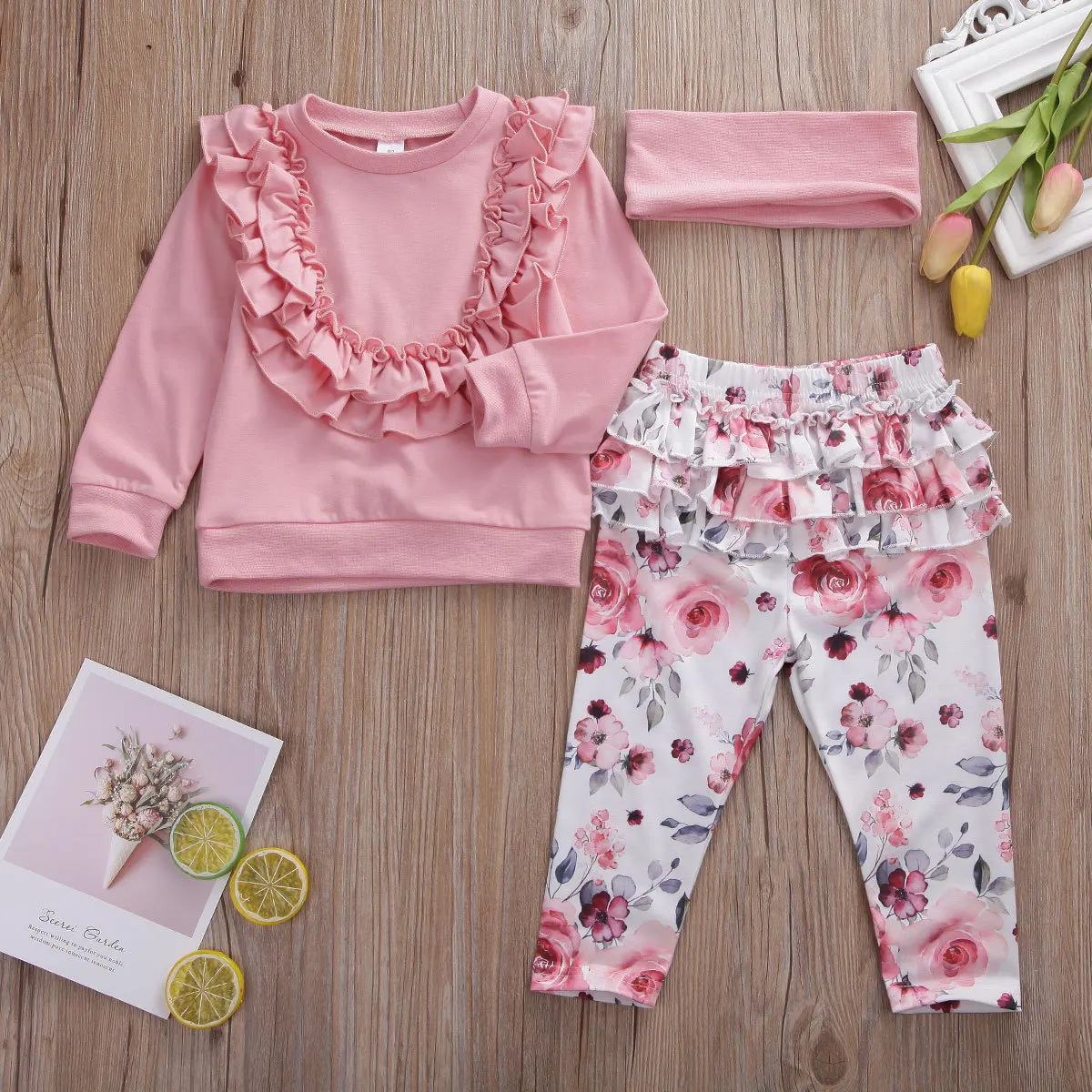 

Europe And America Hot Selling 2019 Autumn New Products Girls Long Sleeve Crew Neck Tops Flower Trousers Hair Band Three-piece S