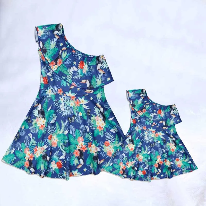 Mother Daughter Dresses Leaf Print One Shoulder Baby Girl scouple Dress Clothes My blue Family Matching Outfits