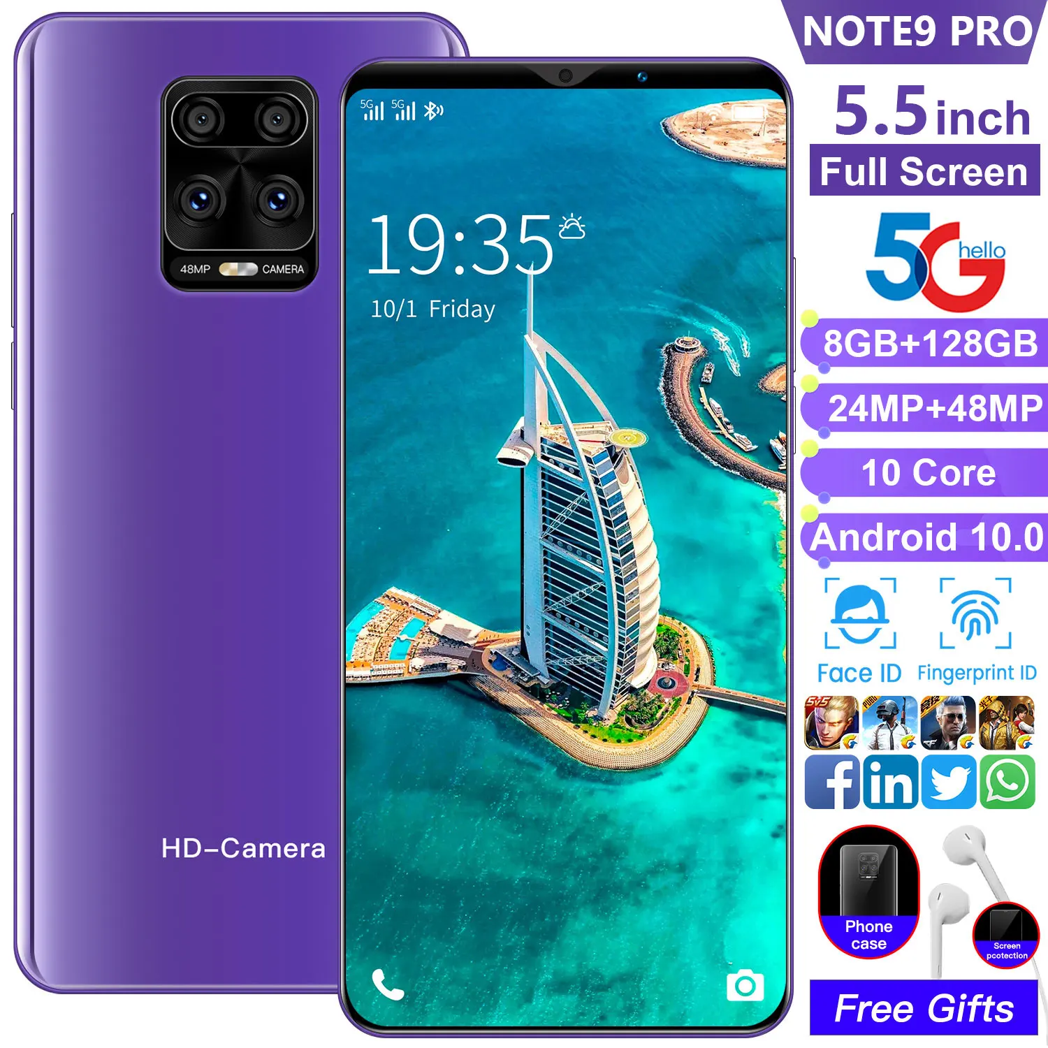 US $57.56 Global Version Full Screen Note 9 Pro55 Inch Smart Phone 8128GB Android10 Cellphone 48MP Face Unlock 10 Core 5G Network Phone