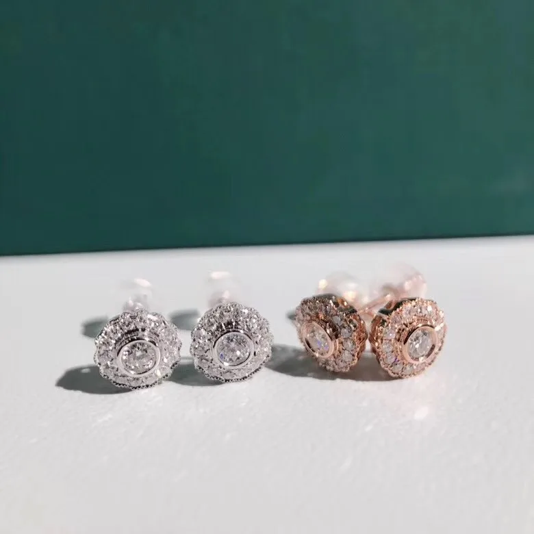 Круглые хорошие свободные 0.13ct алмазные серьги 18K белое золото цветок серьги гвоздики для женщин ювелирные изделия с бриллиантами