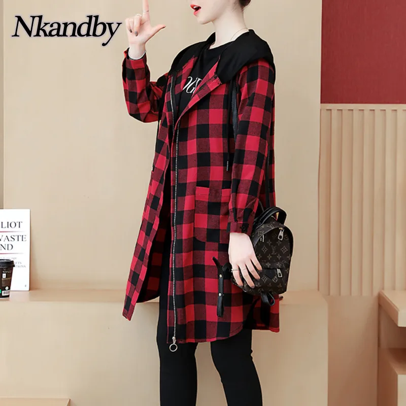 Coats Long-Jacket Oversize-Trench Cotton Loose Linen Plaid Outerwear Hooded Spring Zipper-Windbreak