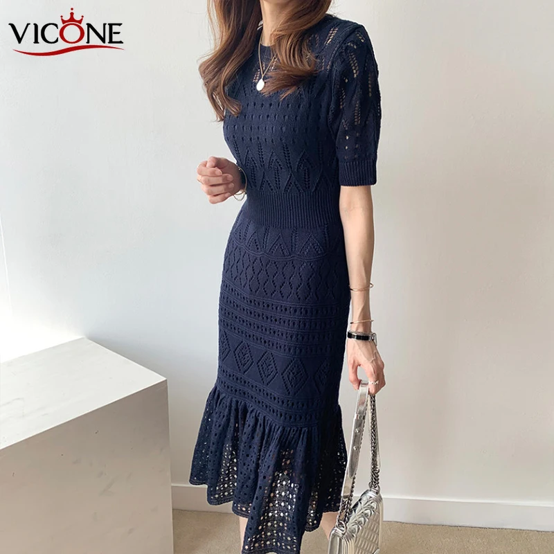 

VICONE Falbala two-piece hollow out ice silk knitting dress hip cultivate one's morality show thin waist Dress