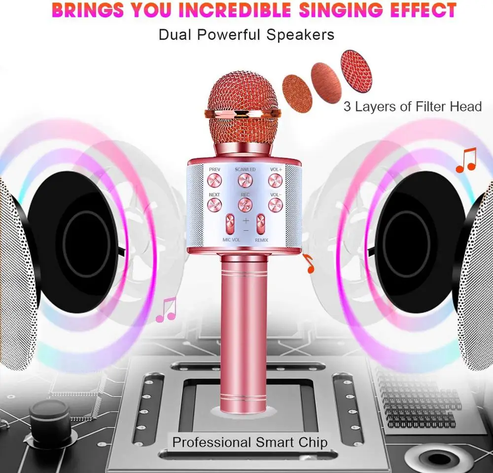 Wireless Bluetooth Karaoke Microphone, Portable Speaker Machine, Handheld Home KTV Player with Record Function