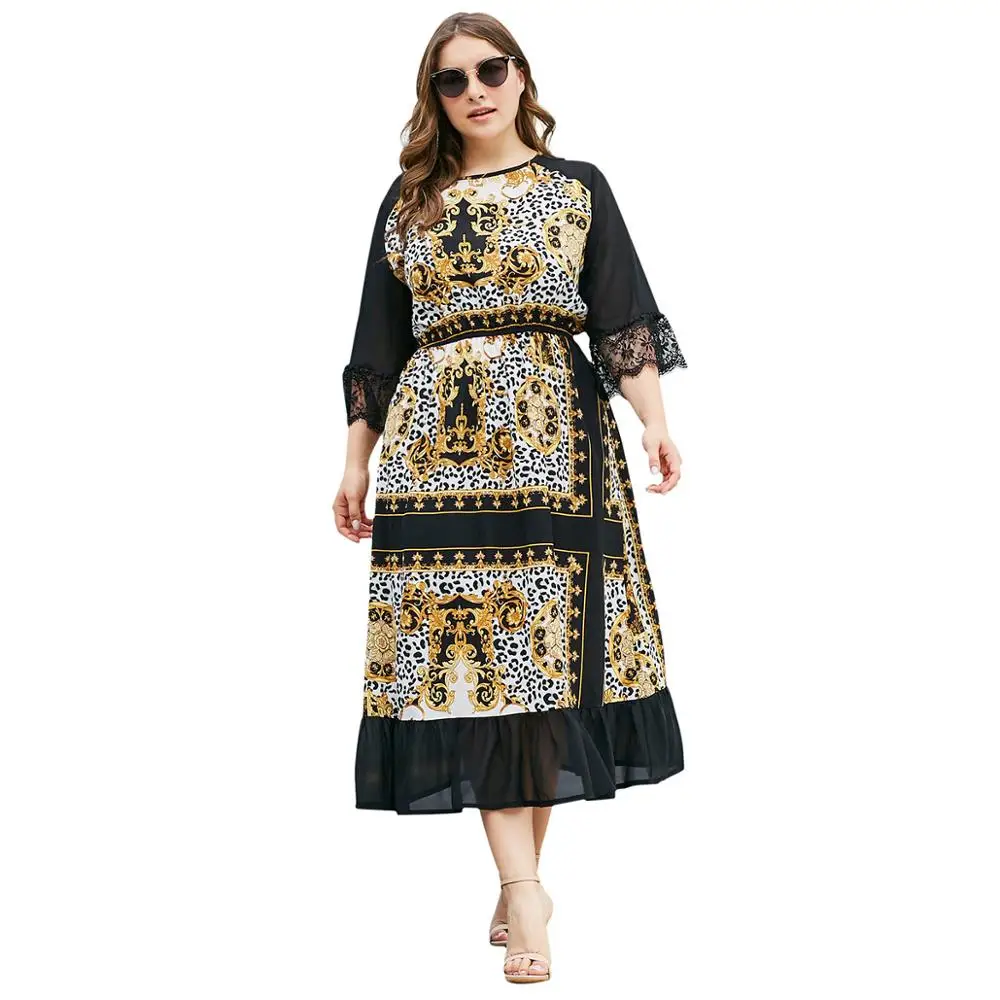 

WHZHM Autumn Elegant Party Plus Size 3XL 4XL Flare Sleeve Dress Women Black Loose Sexy Lace Mesh Patchwork Ladies Dresses Female