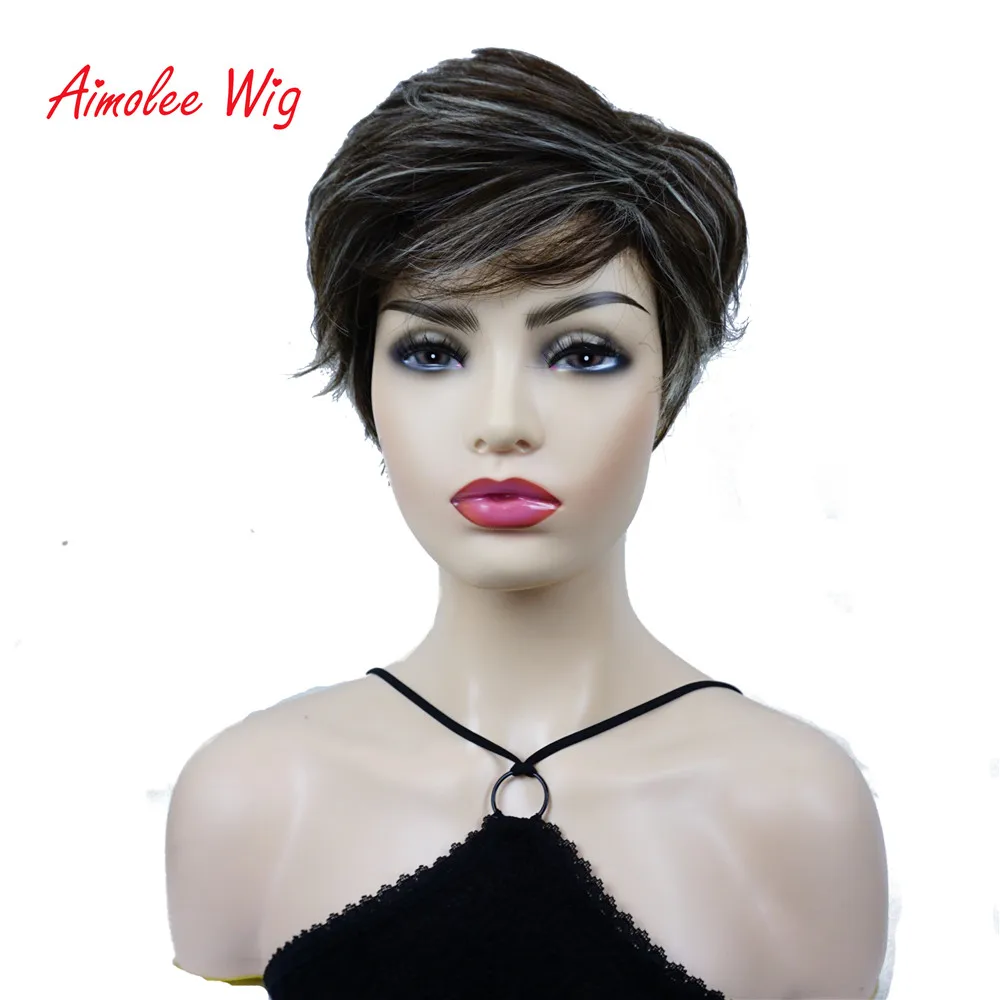 

Aimolee Synthetic Wig Short straight Natural Fluffy Dark brown/Blond Highlights Hair Wigs for Women