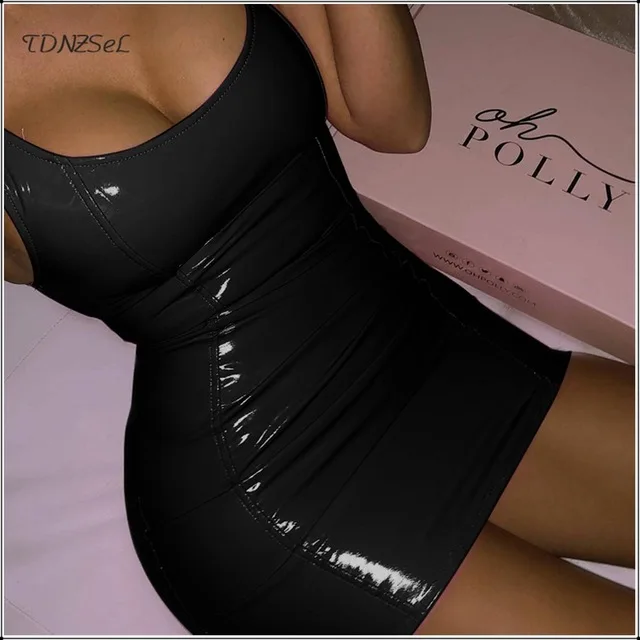 Sexy PU Patent Leather Sheath Tank Dress Women Short Mini Low Cut Slim PVC Latex Nightclub Dresses Bodycon Package Hip Summer - Цвет: Black