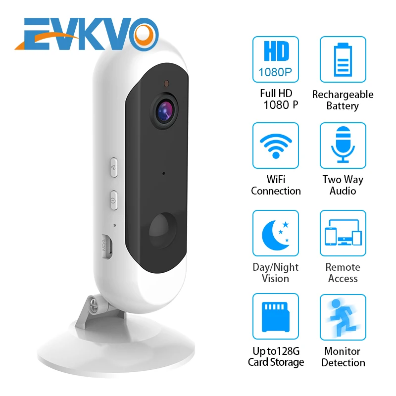 

EVKVO WiFi Camera Battery Security Low Power 1080P Wireless Home Surveillance IR Night Vision Rechargeable Alarm Audio IP Camera