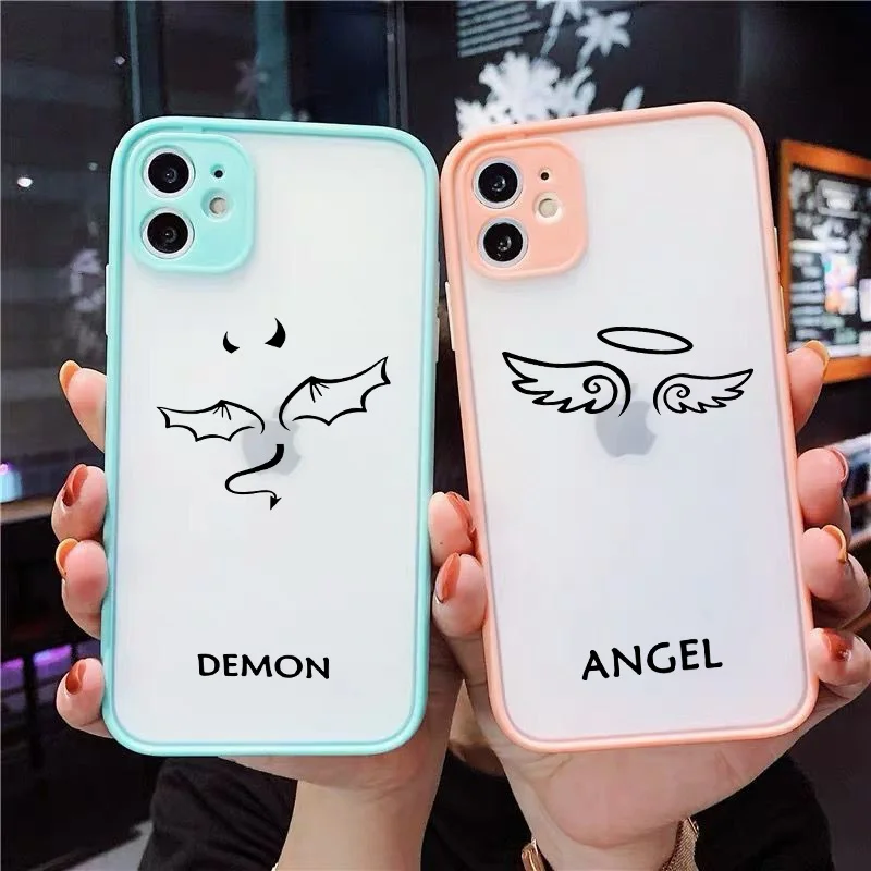 GYKZ Cute Demon Angel Couple Phone Case For iPhone 13 11 Pro MAX 12 XS 7 X SE XR 6 8Plus Transparent Hard Cover Matte Fundas | Мобильные