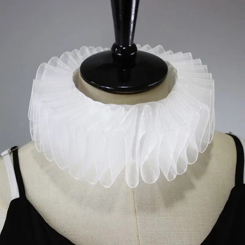 

Womens Renaissance Elizabethan Ruffled Fake Collar Chiffon White Clown Neck Ruff Vintage Victorian Halloween Cosplay Costume