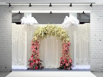 

5x7FT VinylBDS Wedding Photography Backgrounds White Feather Arch Door Backdrops Colored Flower Hand Painted Backgrounds Studio