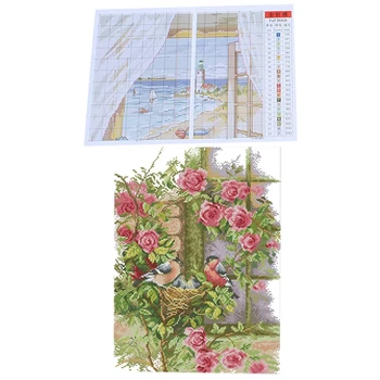 

Embroidery Kit 14CT Birds' Family Pattern Cross-Stitching 35 x 45cm & Window Outside the Sea Cross Stitch 33 x 40cm