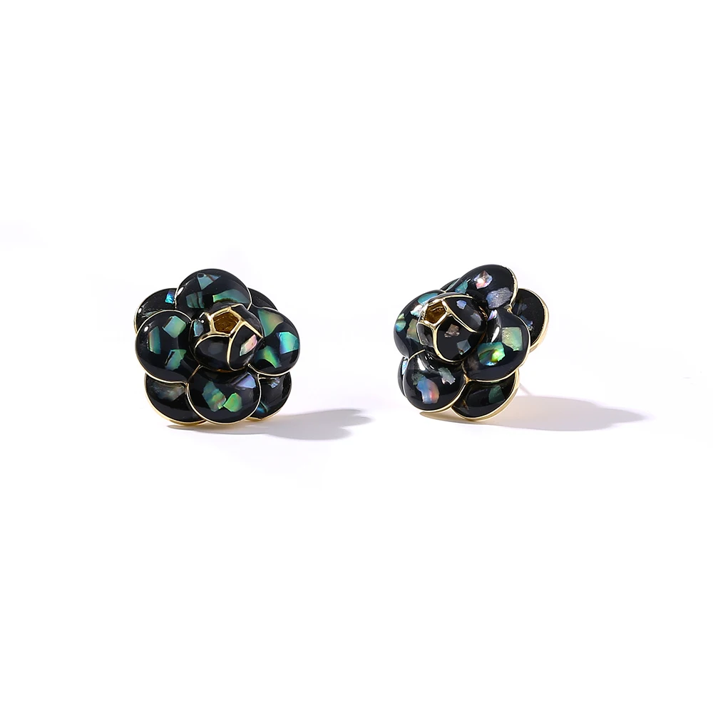 Yhpup Stud Earrings Natural Shell Enamel Mountain Tea Flower Luxury Elegant Earrings Brand High Quality S925 Post Jewelry Female